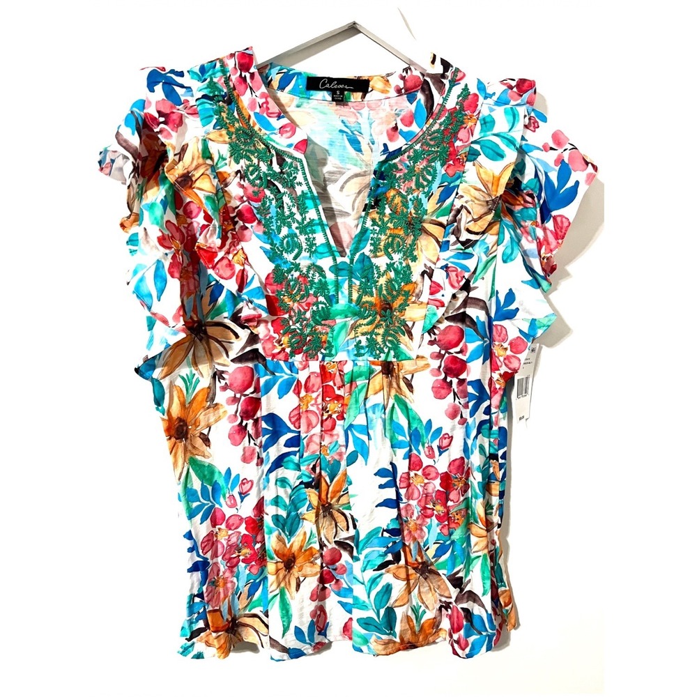 NWT CALESSA Blouse Women S Colorful Multi Floral Embroidered Ruffle Sleeve‎ Boh